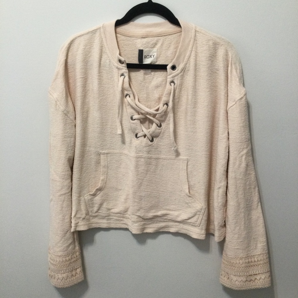 ROXY cream sweater XS lace up belle sleeves top shirt crop boho earthy festival